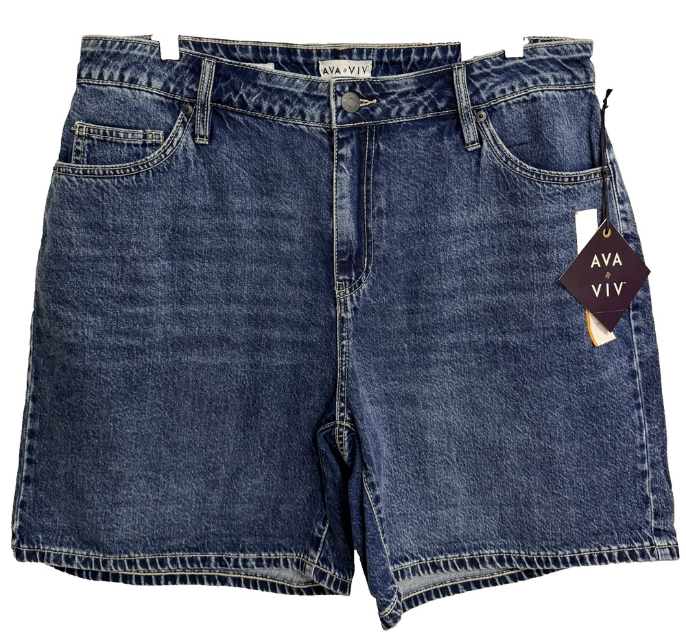 Ava & Viv High Rise Midi Shorts Women's 16 Blue Dark Wash Denim Relaxed Fit NEW